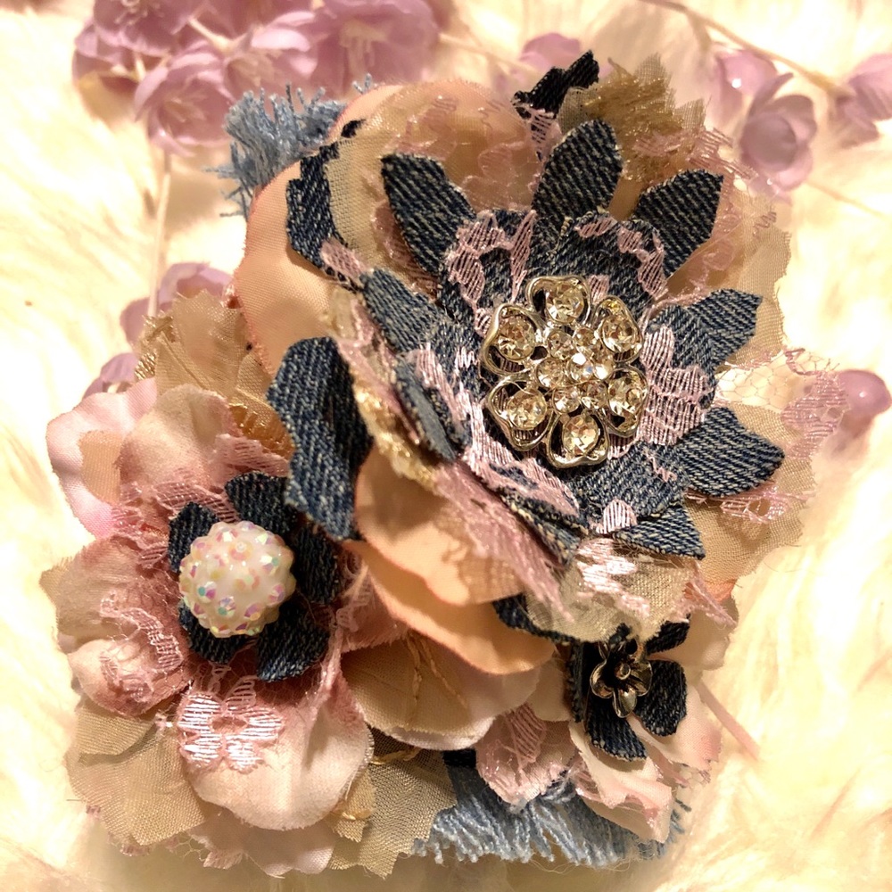 Denim Cuff Floral Pink Sabby Boho Chic Bracelet Handmade - Picture 5 of 8